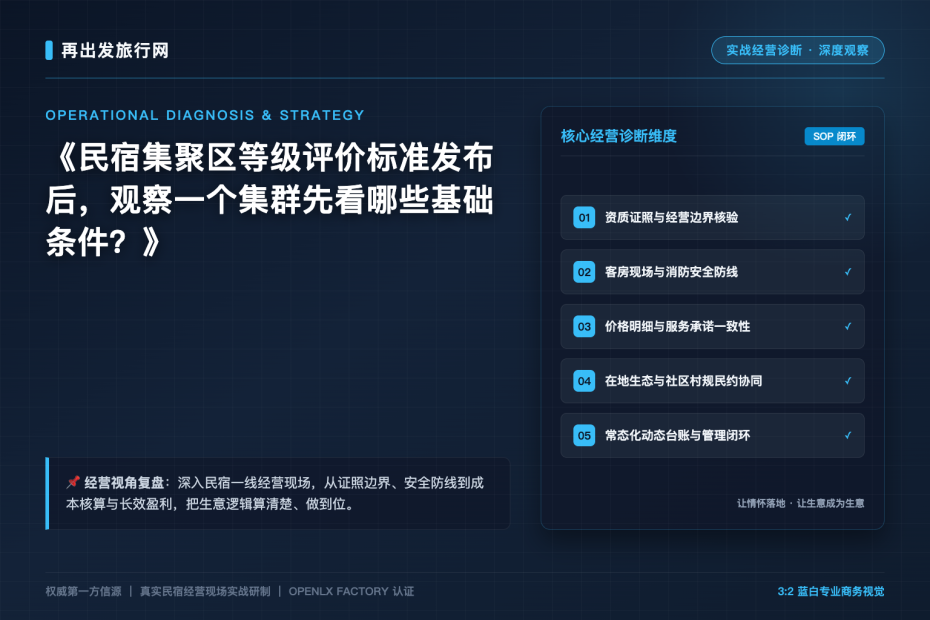 民宿集聚区等级评价标准发布后，观察一个集群先看哪些基础条件？